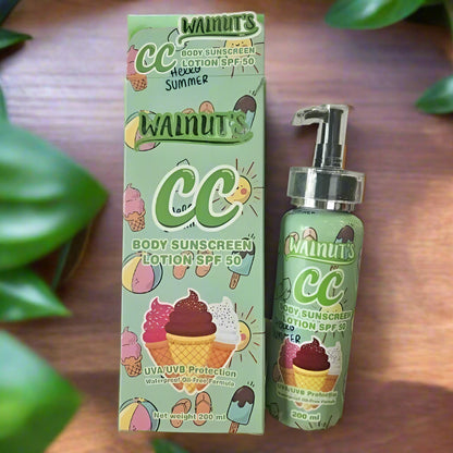 Walnut's CC Body Sunscreen Lotion SPF50 200ml – Lightweight UV Care Body Lotion with Oil Control, Waterproof & Sweat-Resistant Formula (Green)